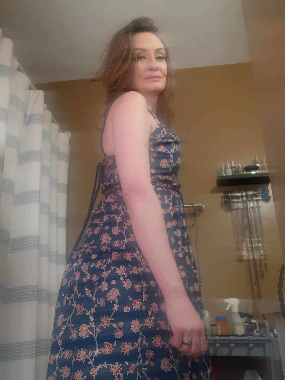 Floral Navy Blue Sundress with Pink Flower Print
